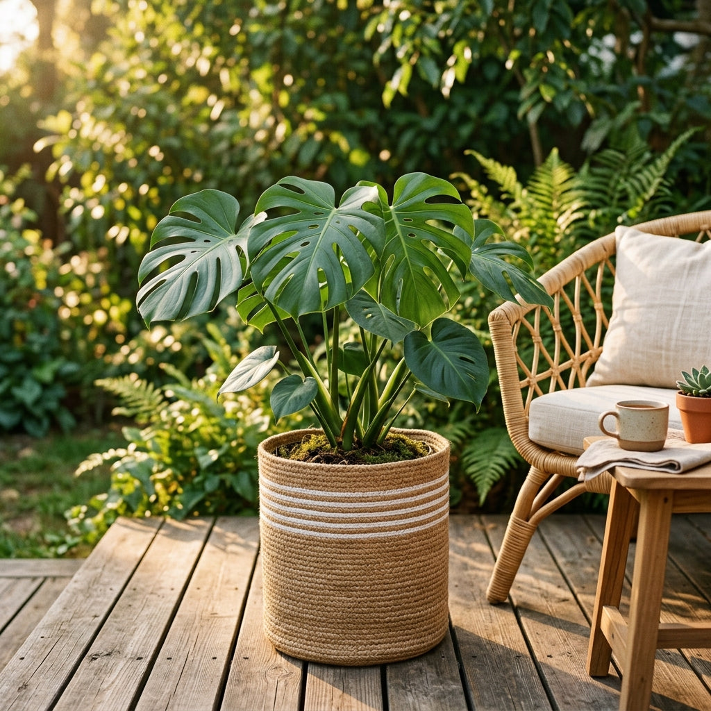 Boho jute planter basket with white stripes holding a monstera plant on a sunlit wooden deck