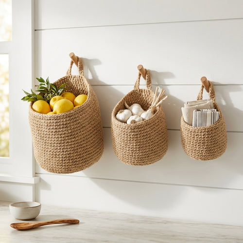 Jute hanging wall baskets holding produce on a kitchen wall