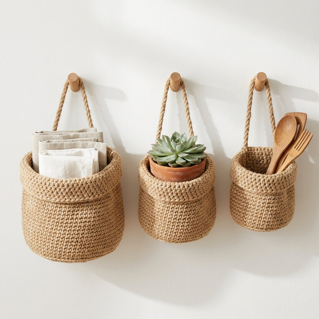 Jute hanging wall baskets holding towels in a bathroom