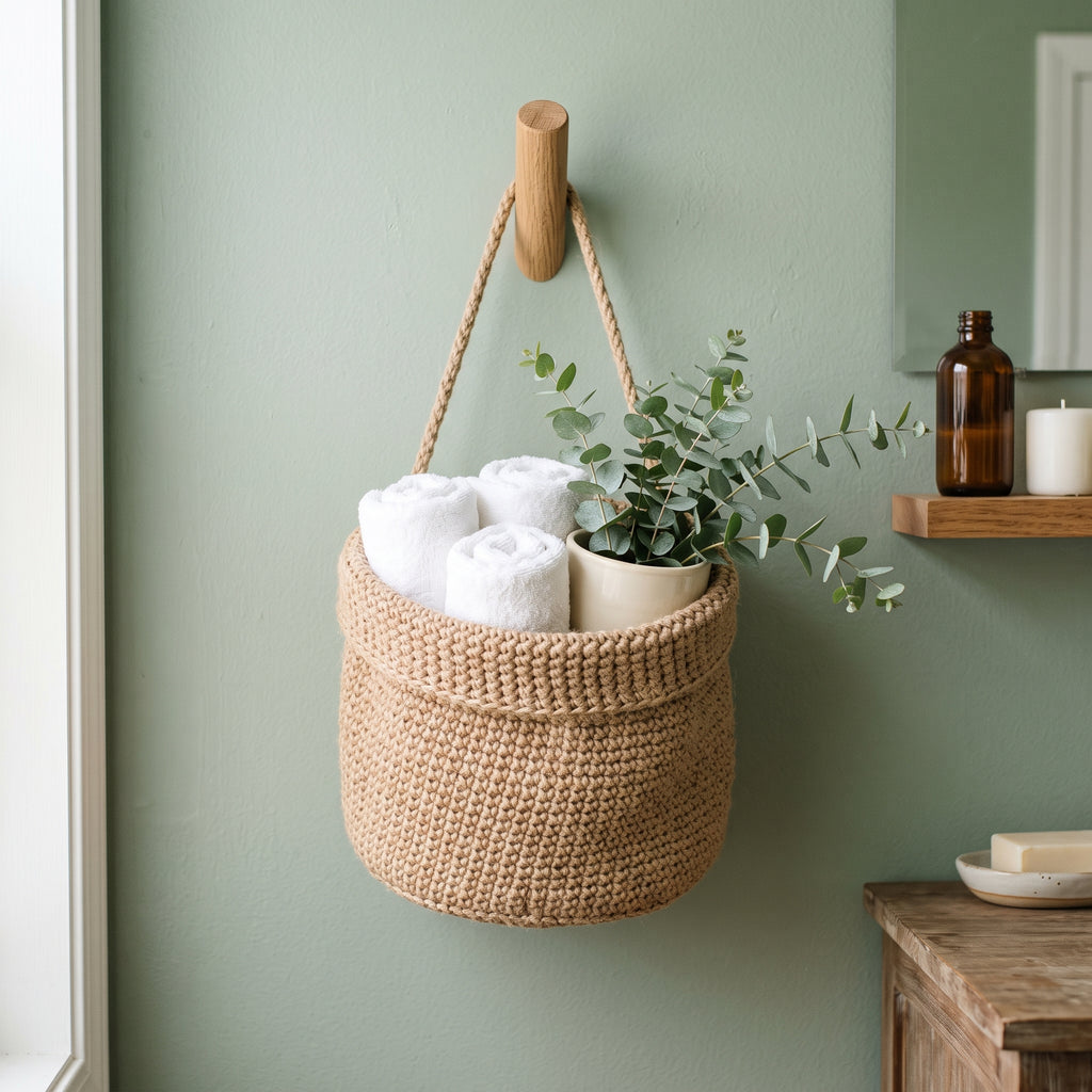 Jute hanging wall baskets styled on a nursery wall