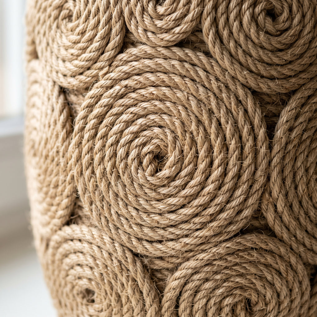Close-up of the coiled jute rope and raised spiral rosette pattern
