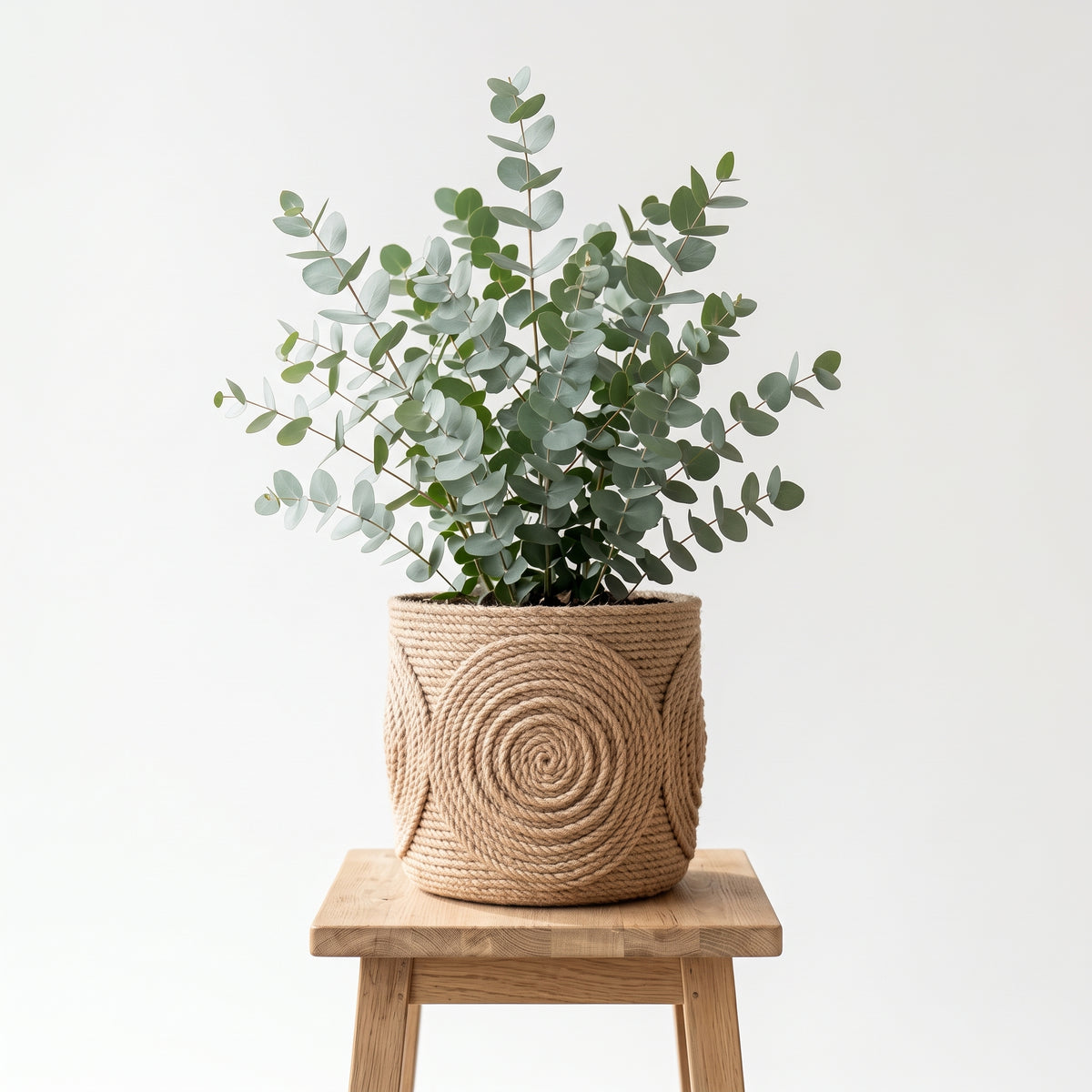 Jute rope spiral planter basket holding a plant beside a bed