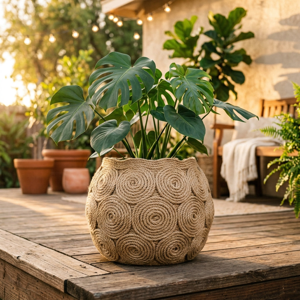 Handwoven jute rope spiral planter basket holding a plant on a patio beside outdoor seating