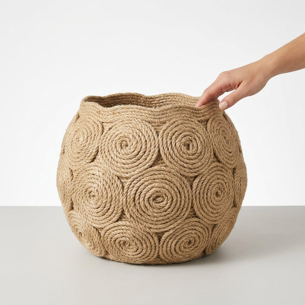 Handwoven jute rope spiral planter basket shown beside everyday objects for size reference