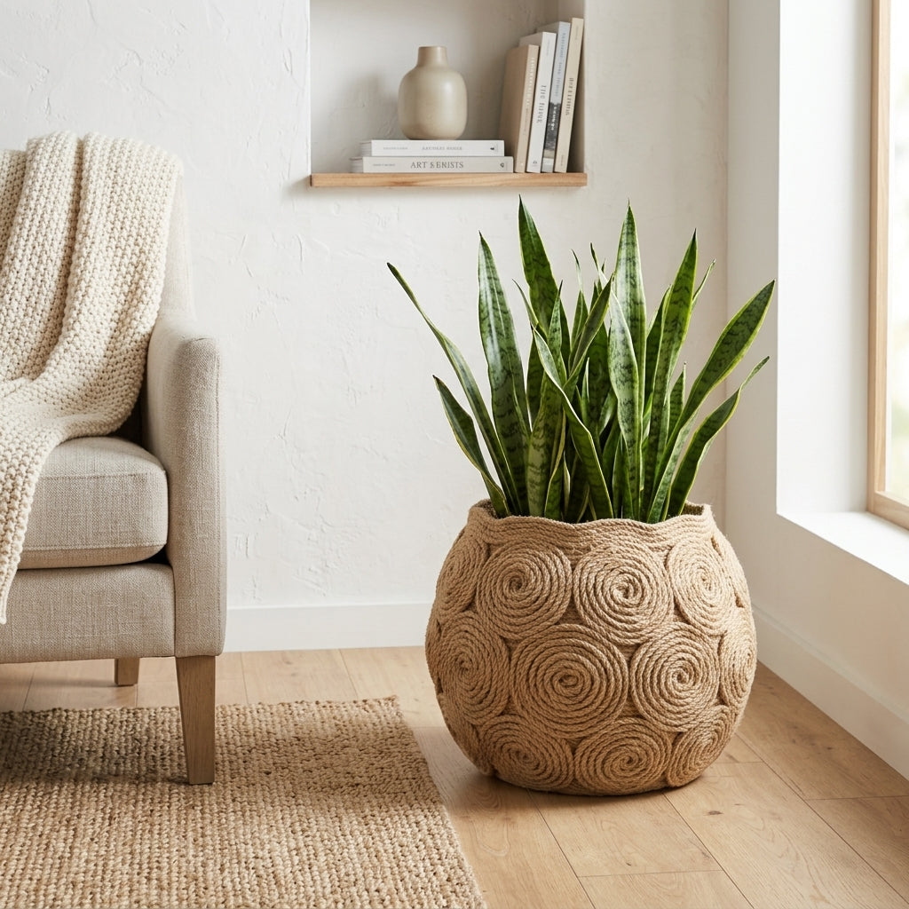 Styled room scene with the handwoven jute rope spiral planter basket and a leafy houseplant