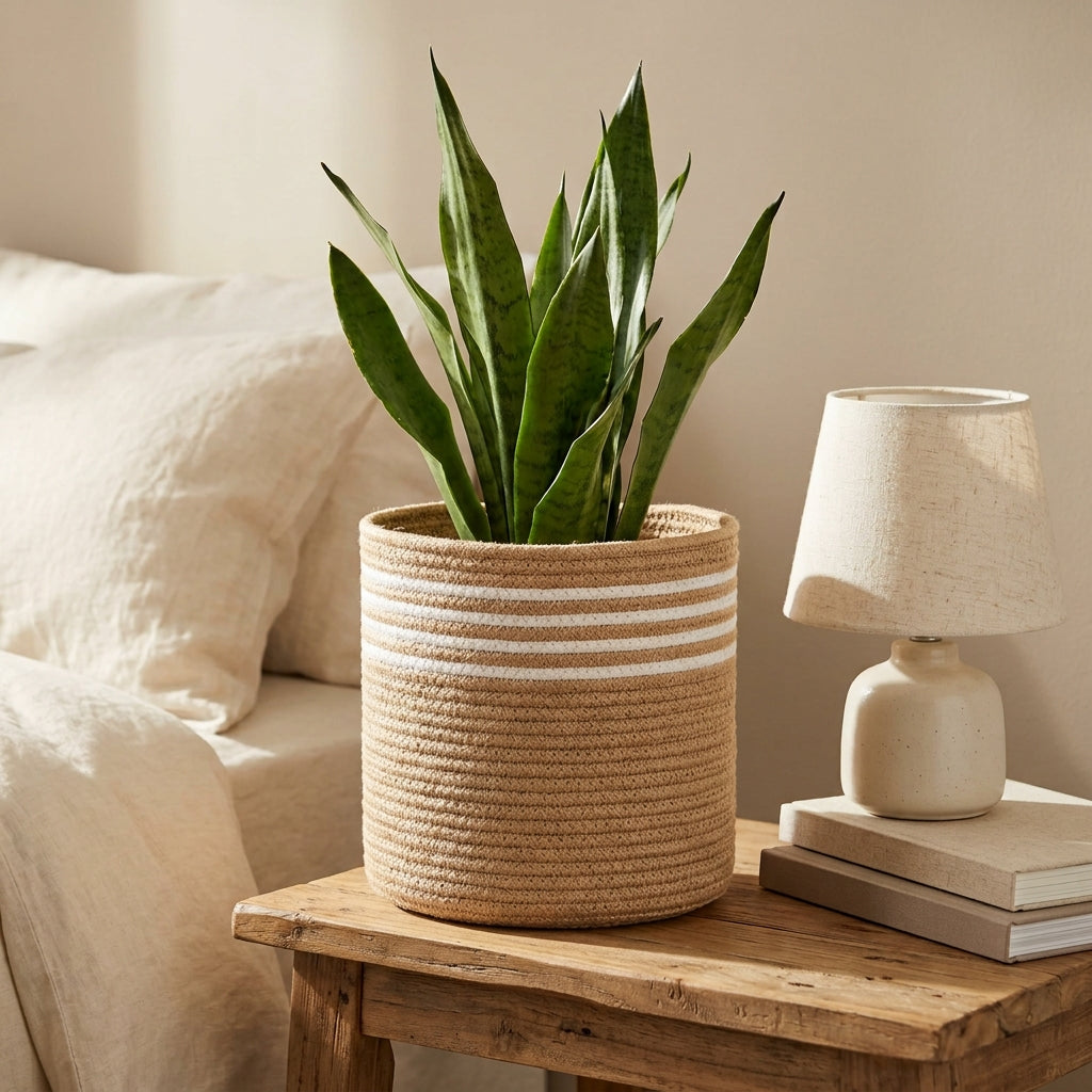 White striped jute planter basket holding a plant in a living room