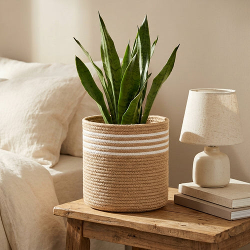 White striped jute planter basket holding a plant in a living room