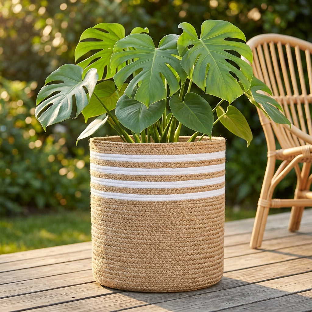 White striped jute planter basket with a monstera on a patio beside a rattan chair