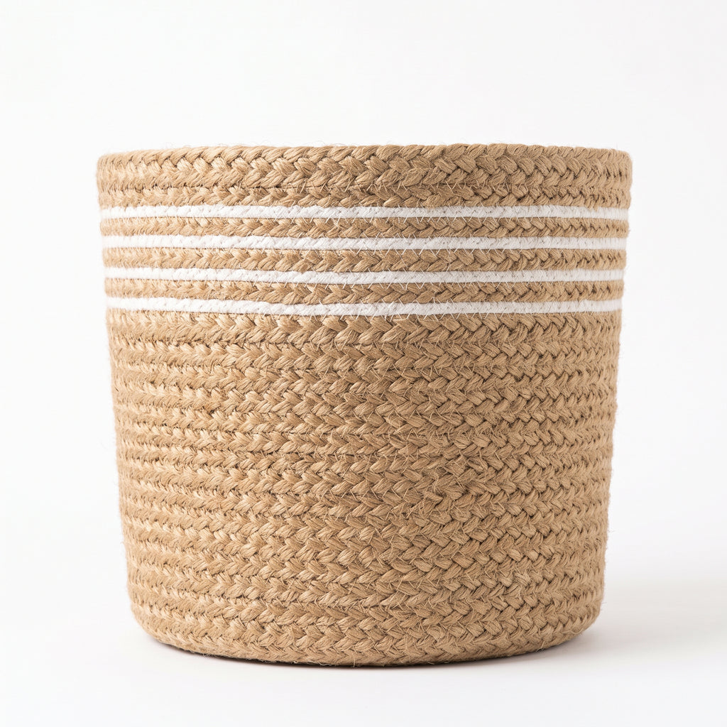 White striped jute planter basket beside a bed for size reference