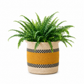 Boho mustard jute kilim planter basket, front view on a white background