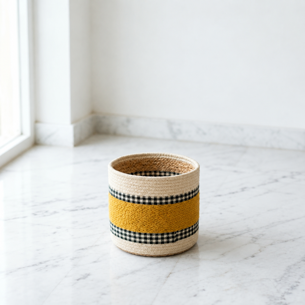 Mustard jute kilim planter basket holding a leafy plant in a styled living room