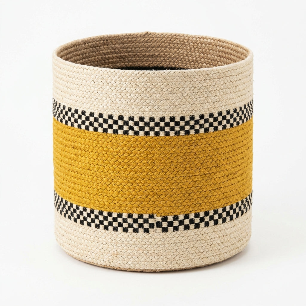 Close-up of the jute weave, mustard band and checkered border detail
