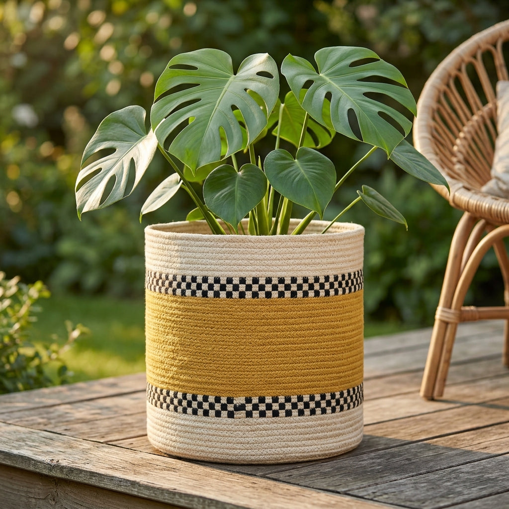 Mustard jute planter basket on a patio beside outdoor seating