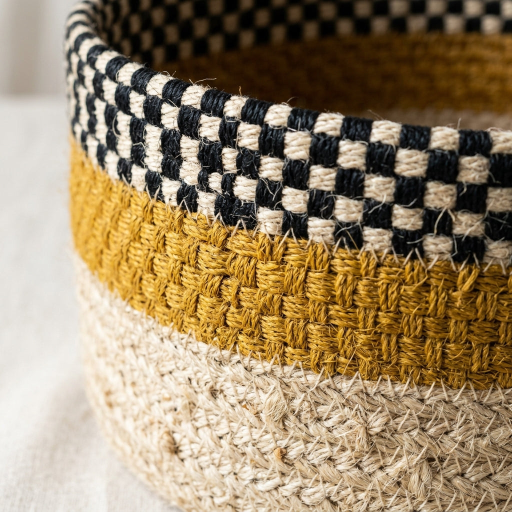 Mustard jute planter basket shown beside a shelf for size reference