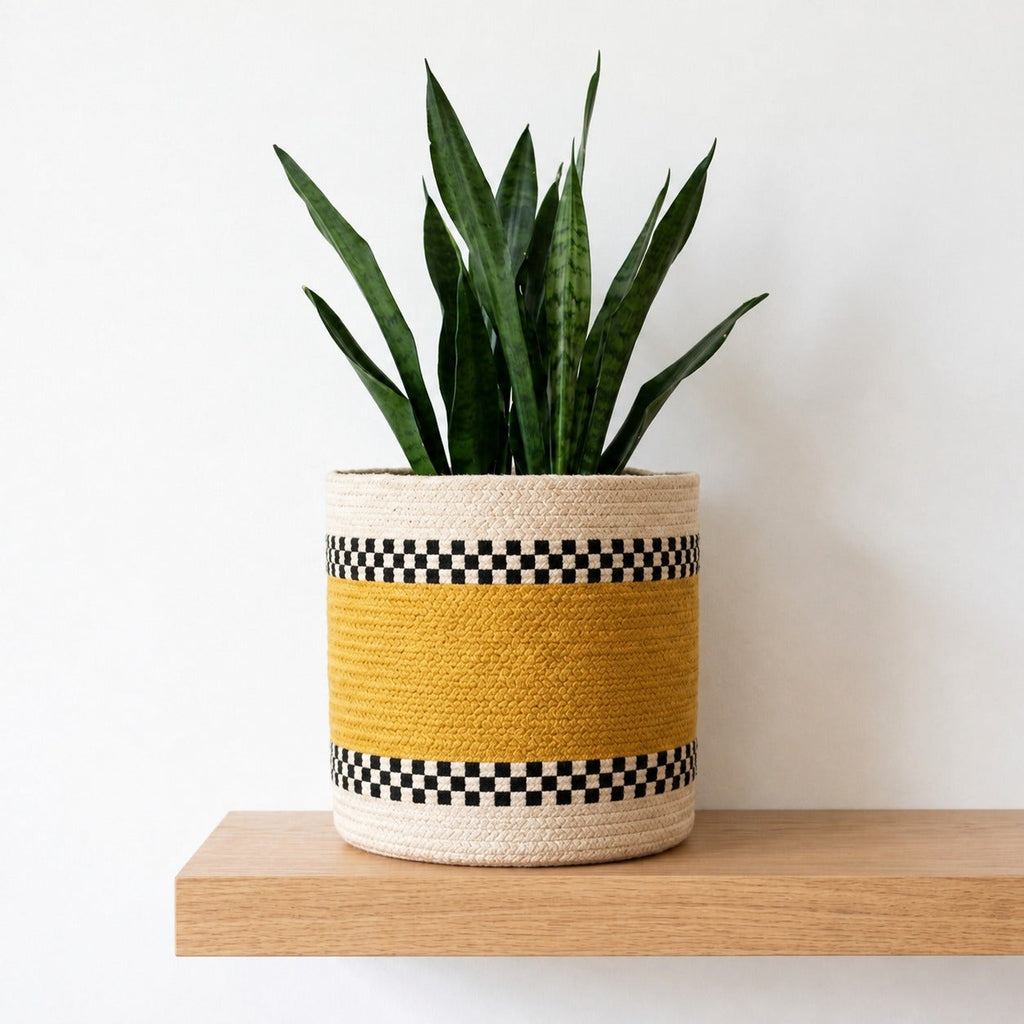 Boho mustard jute kilim planter basket with black and cream checkered borders, holding a snake plant on an oak wall shelf