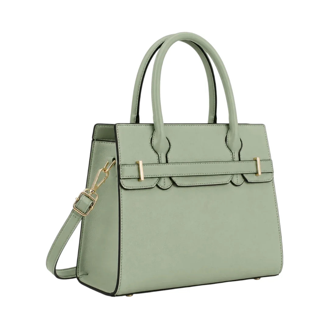 Modern Wrenfield Sage Green Structured Shoulder Bag, angled view showing gold-tone hardware
